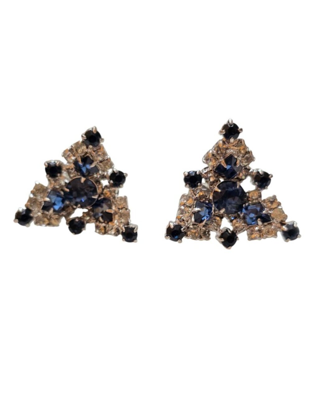 Vintage Unique Pat Pend Magic Triangular Rhinestone Clip Earrings (A9304)
